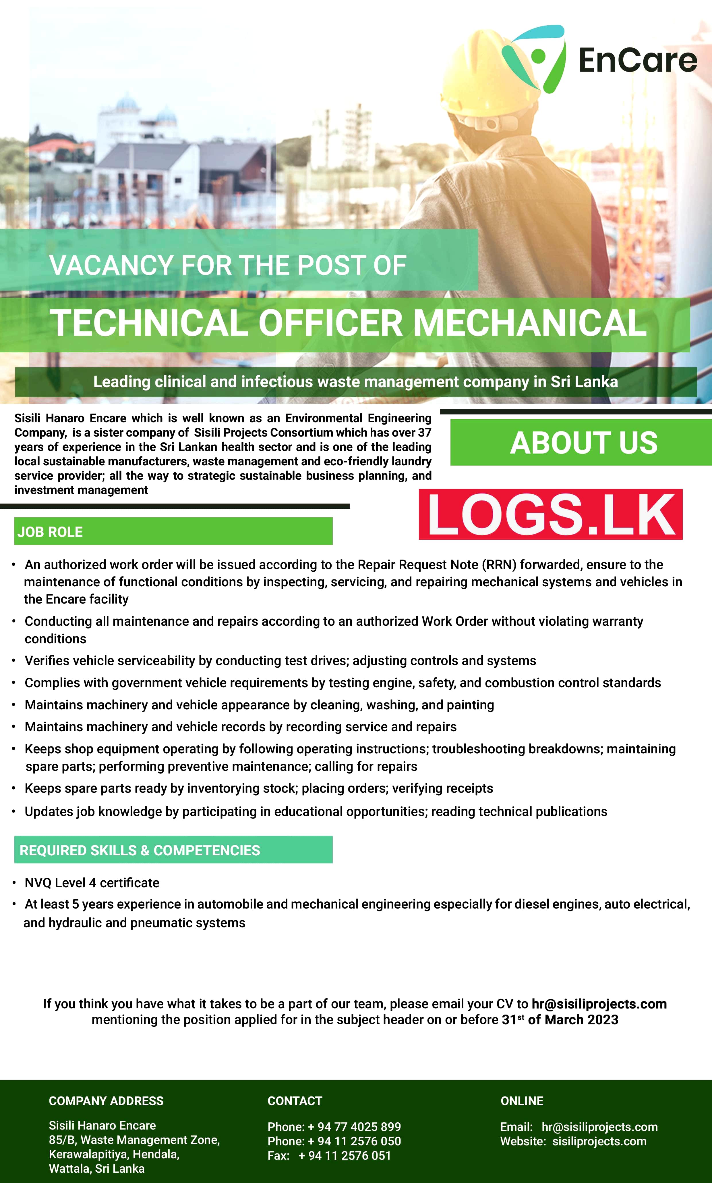 Technical Officer Mechanical at Sisili Hanaro Encare (Pvt) Ltd Job Vacancies