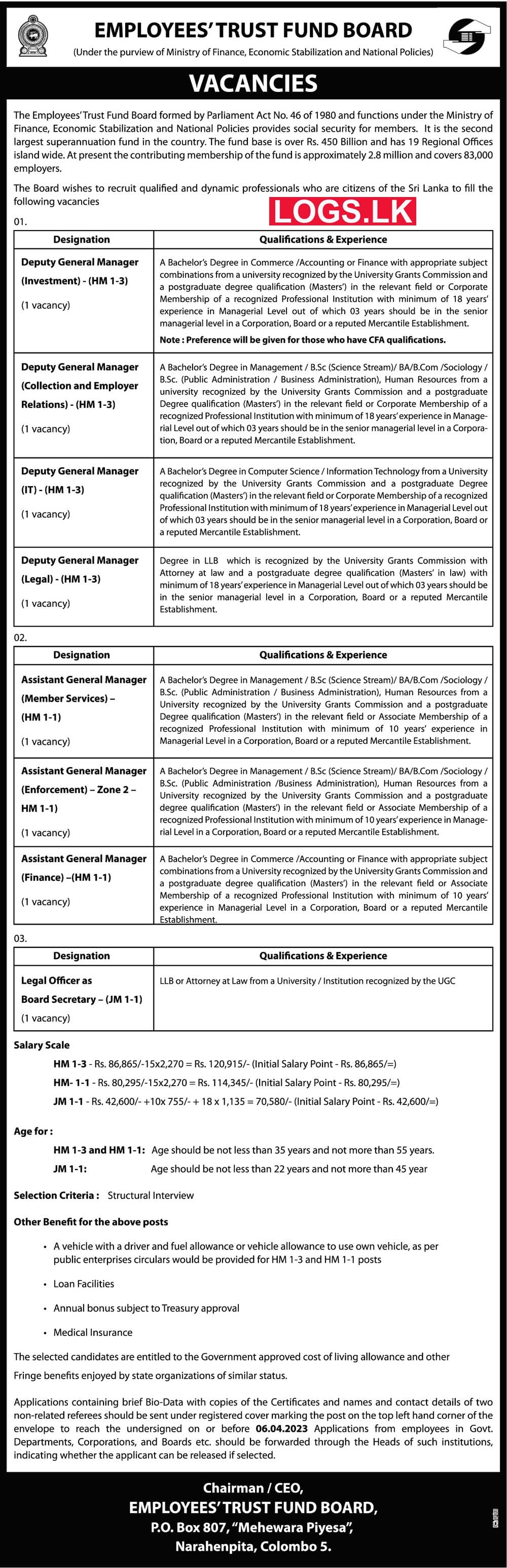 Employees’ Trust Fund Board Job Vacancies 2023 Application, Details for Deputy General Manager, Assistant General Manager, Legal Officer Jobs