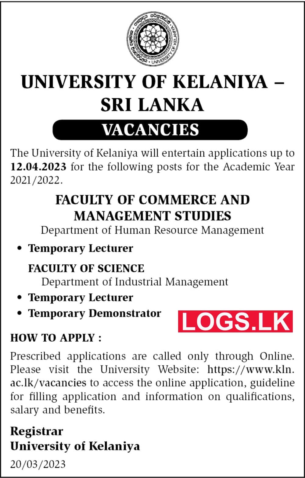 University of Kelaniya Vacancies 2023 Application for Temporary Lecturer, Temporary Demonstrator