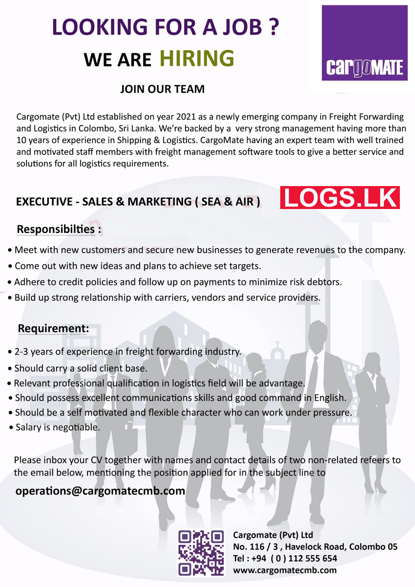 Executive - Sales & Marketing Job Vacancy at Cargomate (Pvt) Ltd Application, Details Download