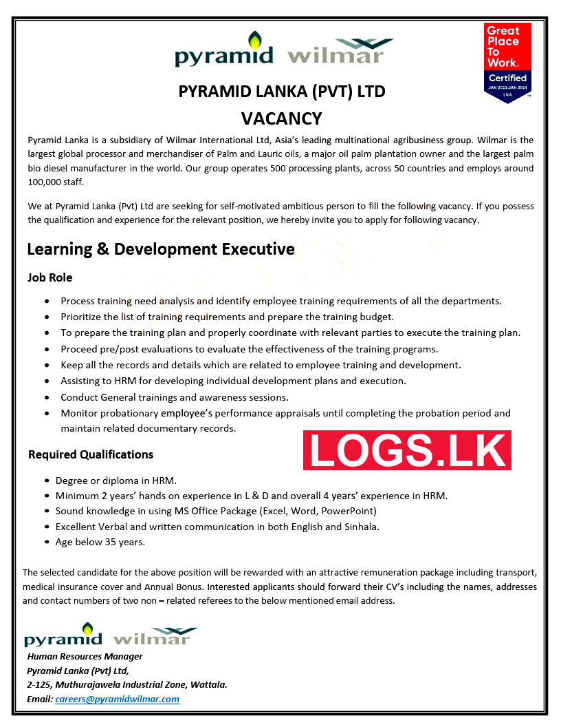 Learning and Development Executive Vacancy at Pyramid Lanka Jobs Application