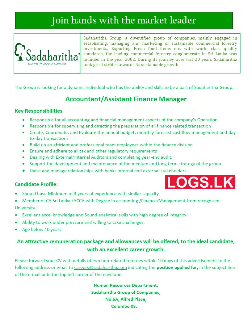 Accountant / Assistant Finance Manager Vacancy at Sadaharitha Job Vacancies