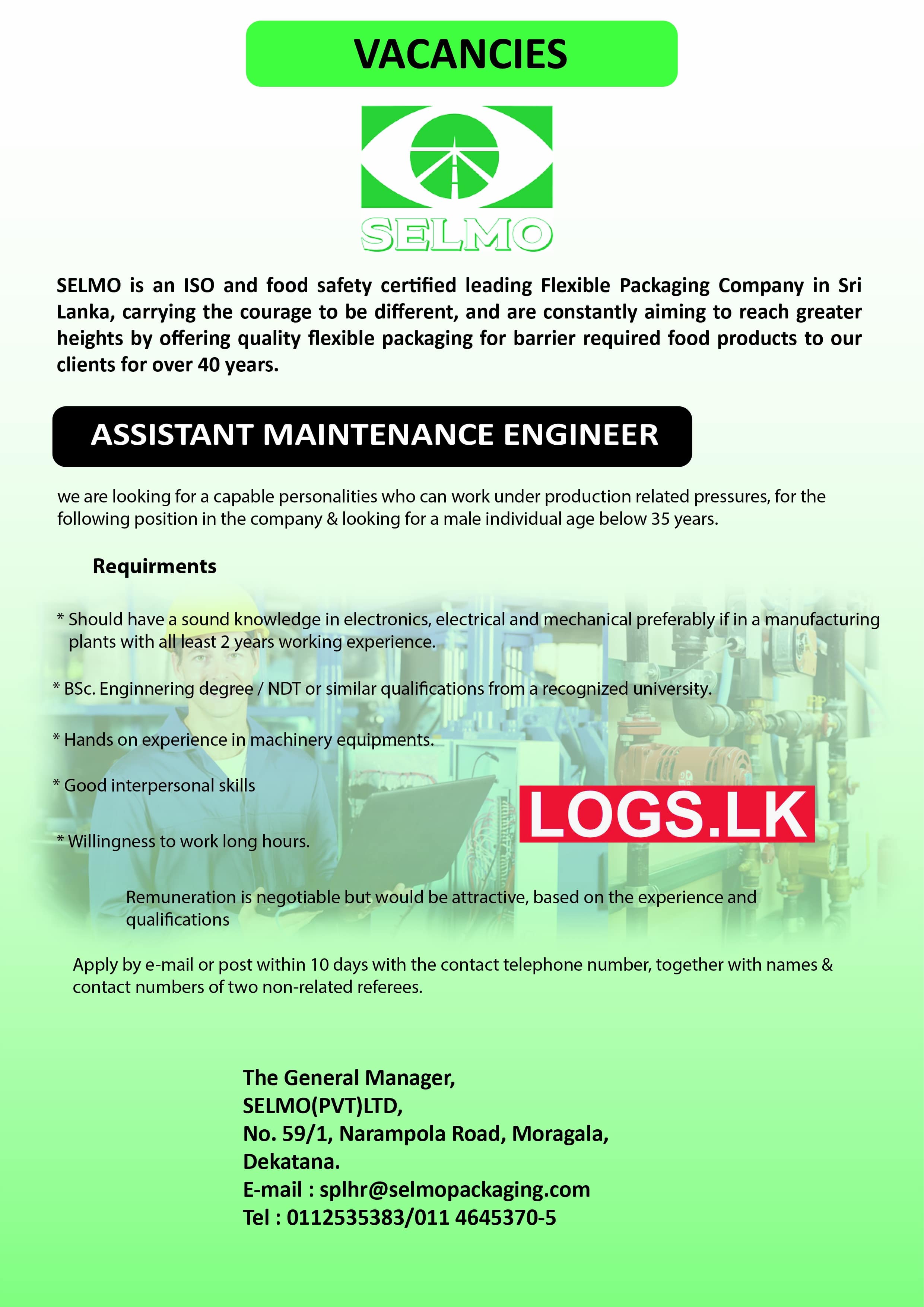 Assistant Maintenance Engineer Job Vacancy at Selmo (Pvt) Ltd Jobs Application