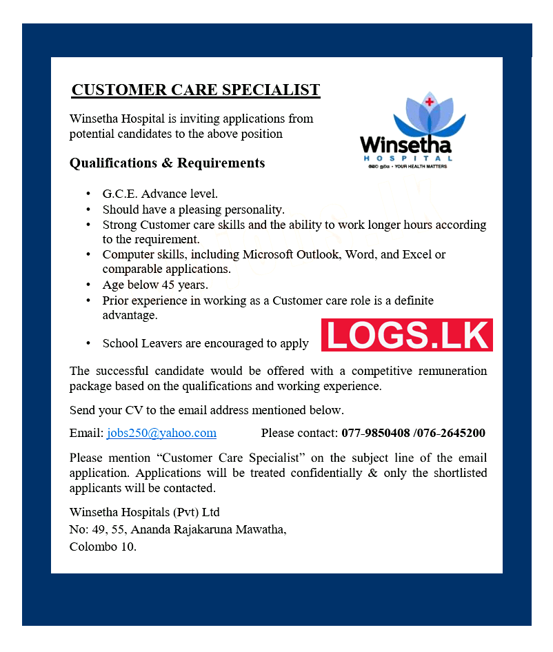 Customer Care Specialist Job Vacancy at Winsetha Hospitals (Pvt) Ltd Job Vacancies