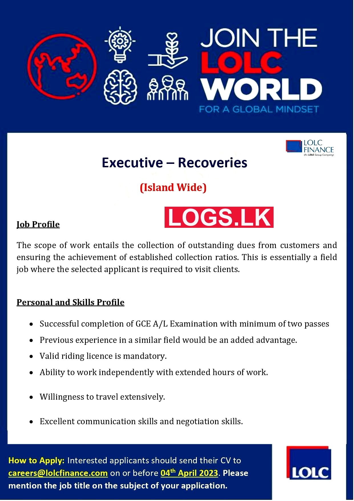 Executive (Recoveries) Job Vacancy at LOLC Finance Jobs in Sri Lanka