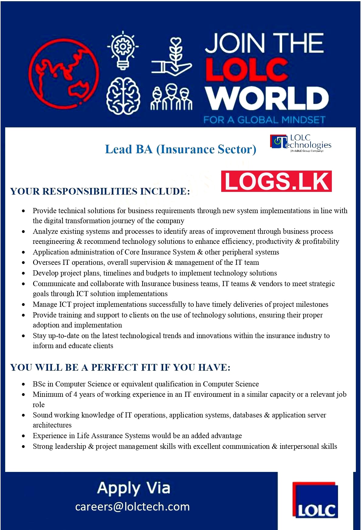 Lead BA (Insurance Sector) Job Vacancy at LOLC Finance Sri Lanka Job Vacancies
