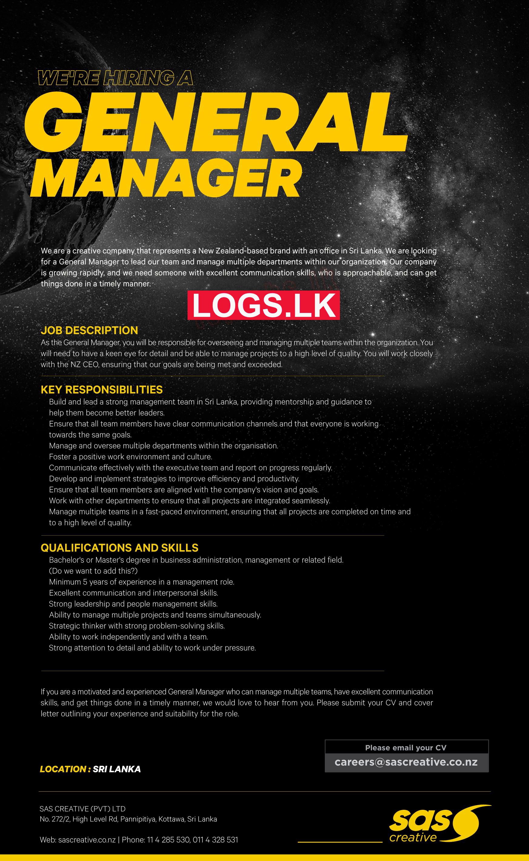 General Manager Job Vacancy at SAS Creative (Pvt) Ltd Jobs Application, Details Download
