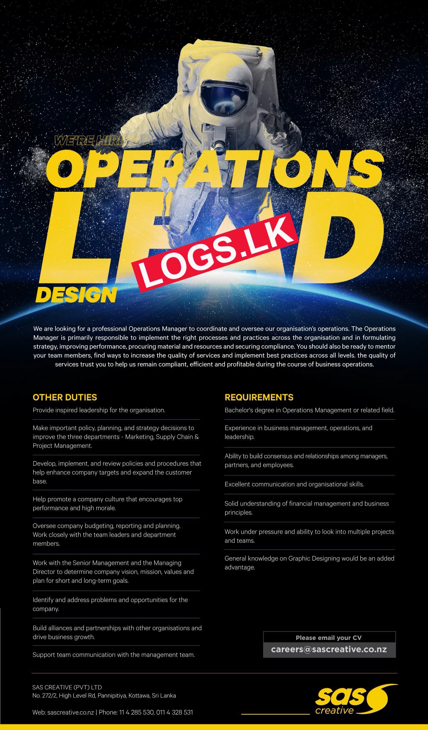 Operations Lead (Design) Job Vacancy at SAS Creative (Pvt) Ltd Jobs Application