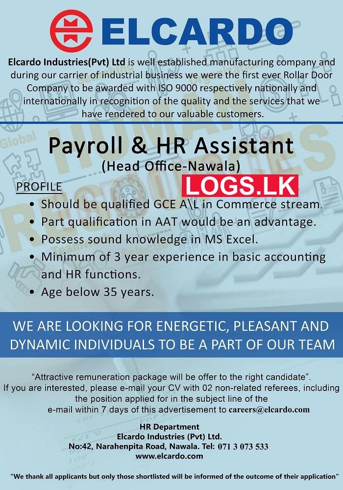 Payroll & HR Assistant Vacancies at Elcardo Industries (Pvt) Ltd Jobs Application