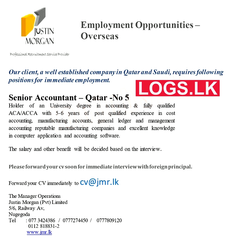Senior Accountant (Qatar) Job Vacancy at Justin Morgan (Pvt) Ltd Jobs Application