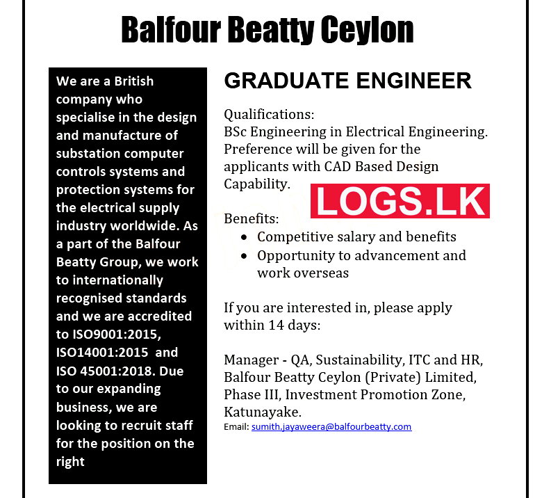 Engineer Job Vacancy at Balfour Beatty Ceylon (Pvt) Ltd Jobs Application, Details Download