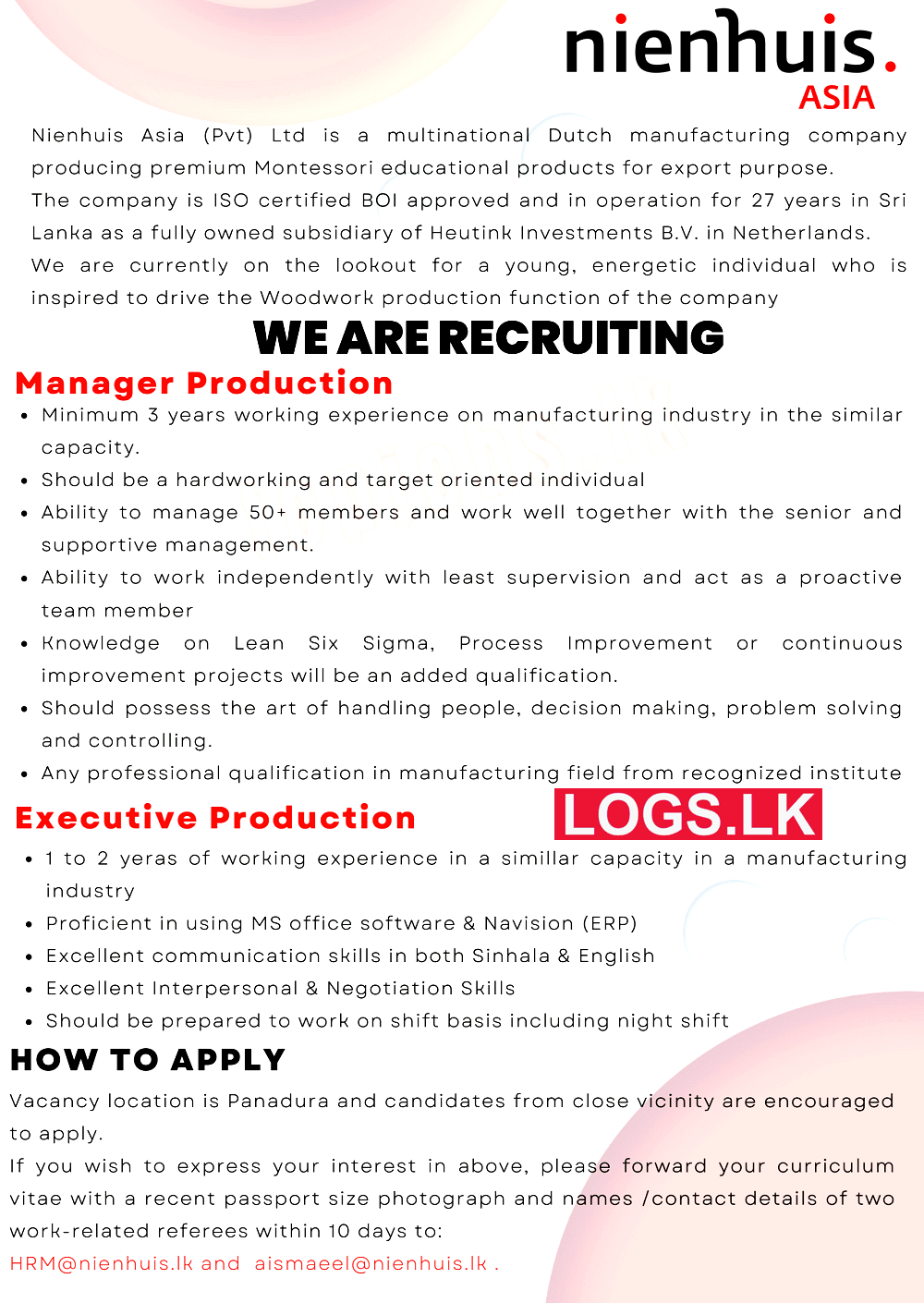 Manager / Executive (Production) Job Vacancy at Nienhuis Asia Job Vacancies