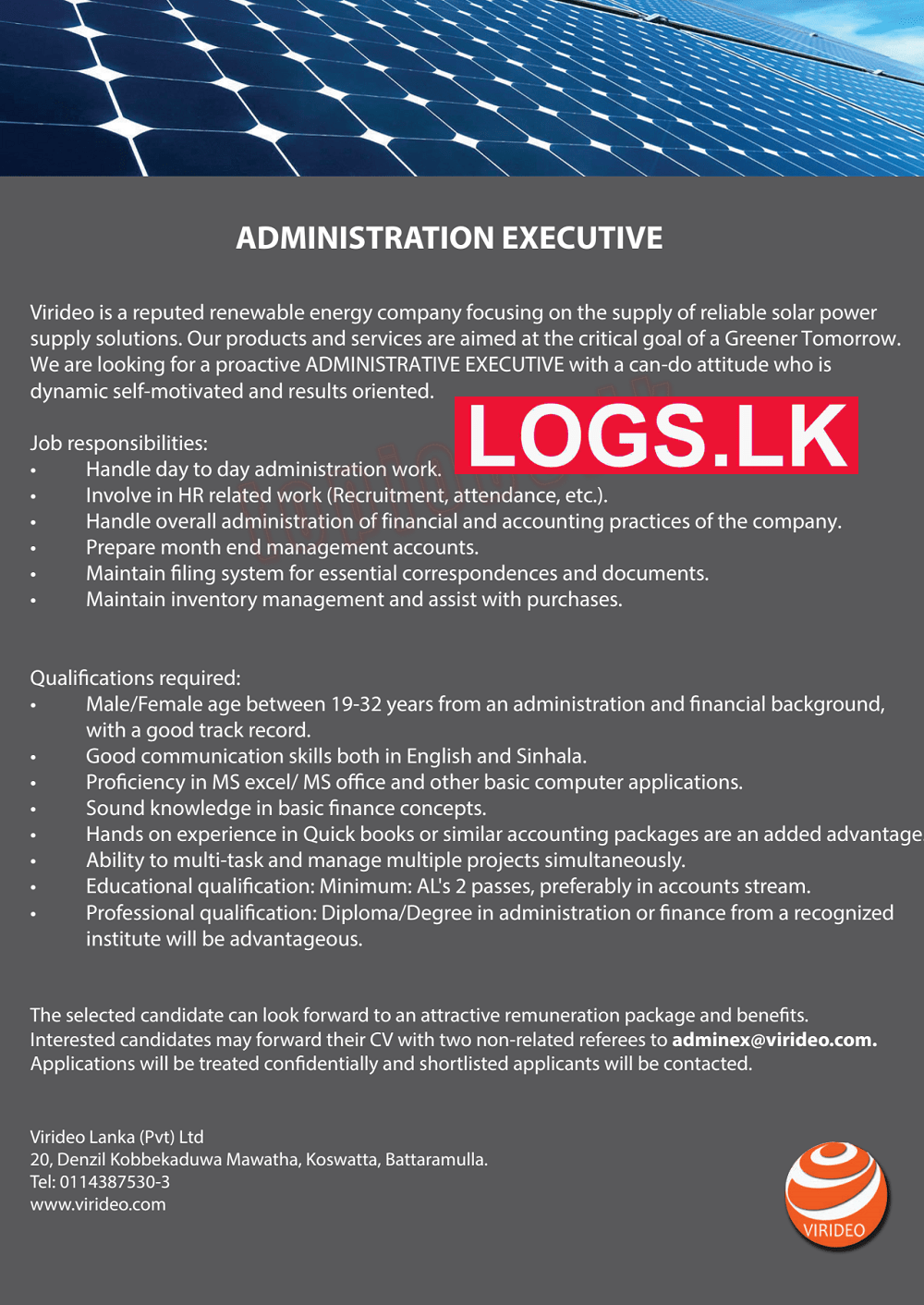 Administration Executive Job Vacancy at Virideo Lanka (Pvt) Ltd Jobs Application