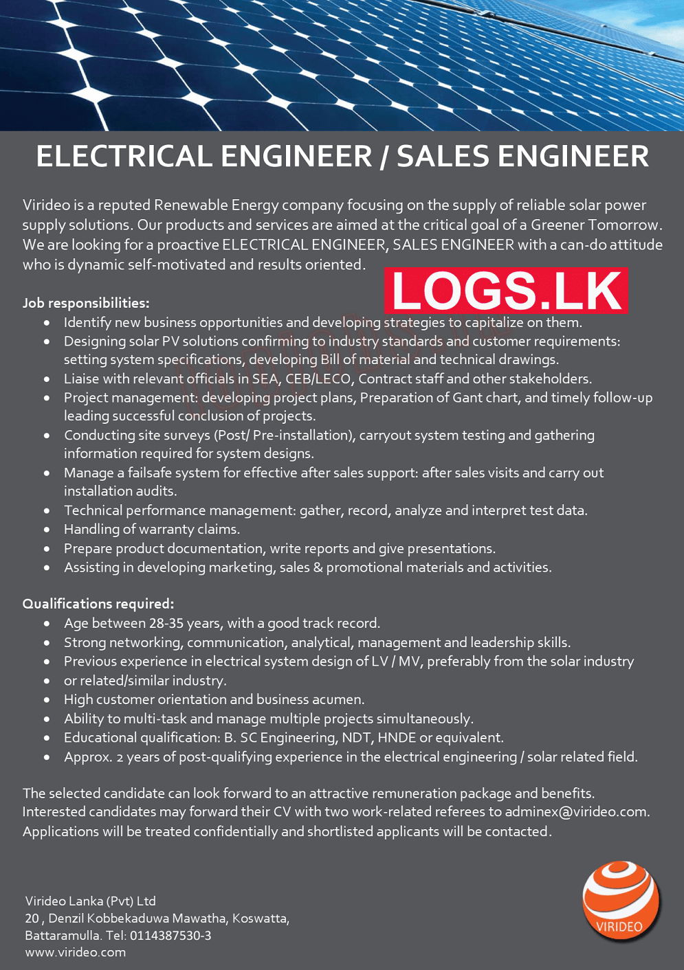 Electrical Engineer / Sales Engineer Jobs at Virideo Lanka (Pvt) Ltd Application, Details Download