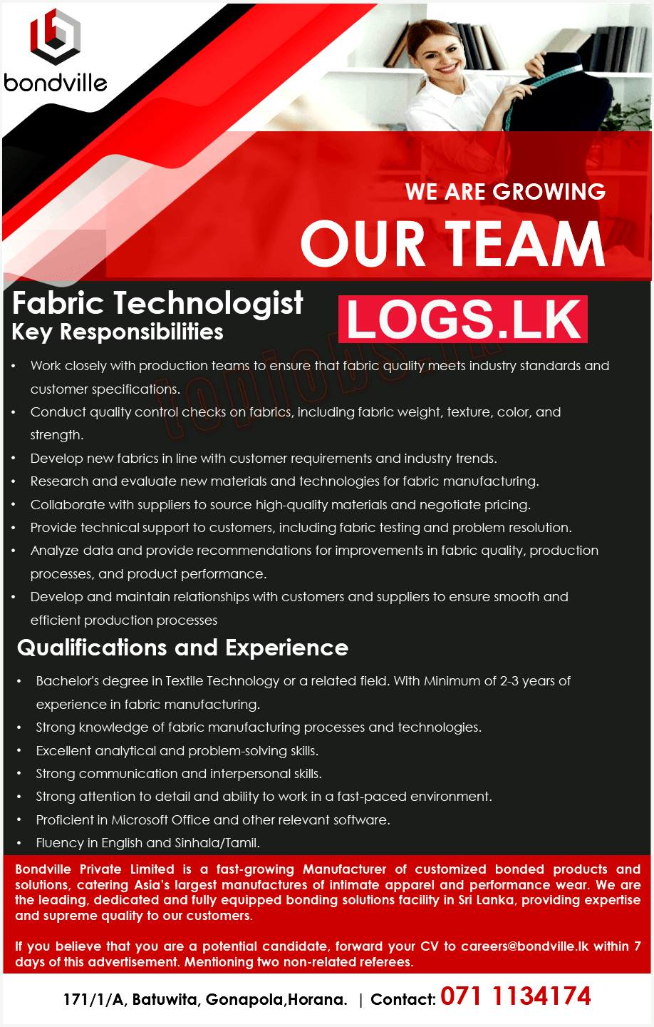 Fabric Technologist Job Vacancy at Bondville (Pvt) Ltd Jobs Application, Details Download