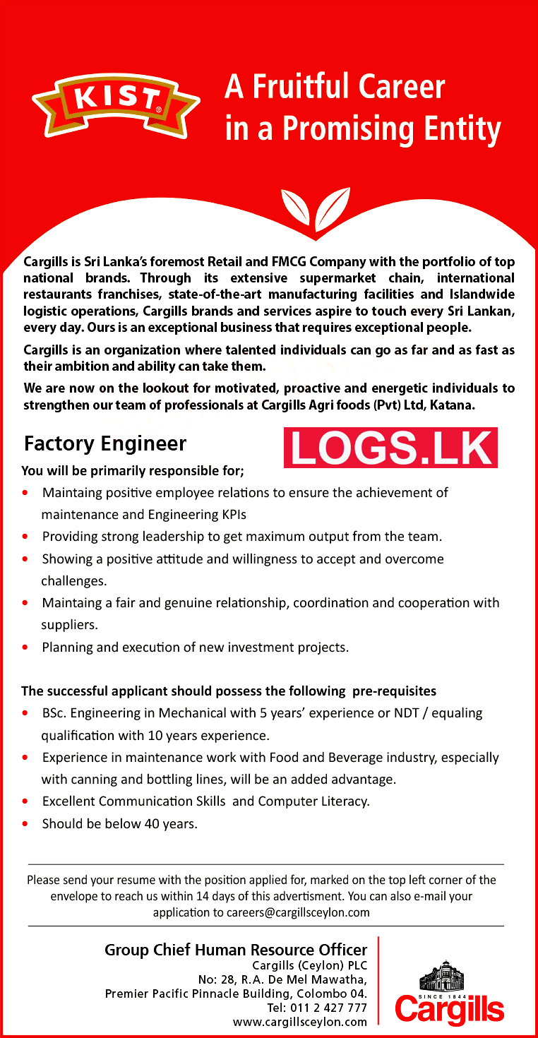 Factory Engineer Job Vacancy at Cargills (Ceylon) PLC Jobs Application