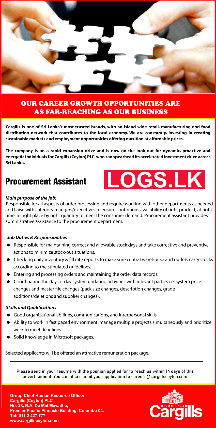 Procurement Assistant Job Vacancy at Cargills (Ceylon) PLC Jobs Vacancies