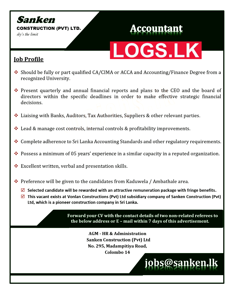 Accountant Job Vacancy at Sanken Construction (Pvt) Ltd Job Vacancies in Sri Lanka