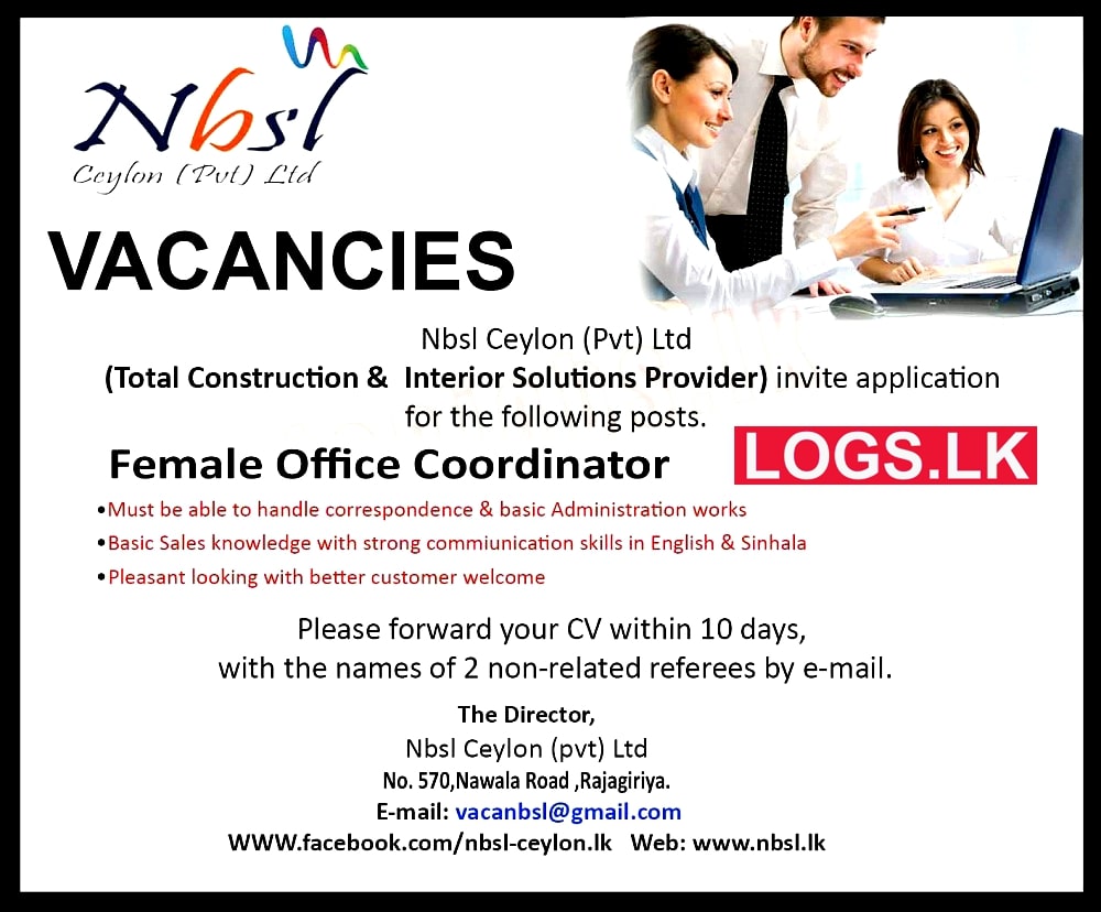 Female Office Coordinator Job Vacancy at NBSL Ceylon (Pvt) Ltd Job Vacancies