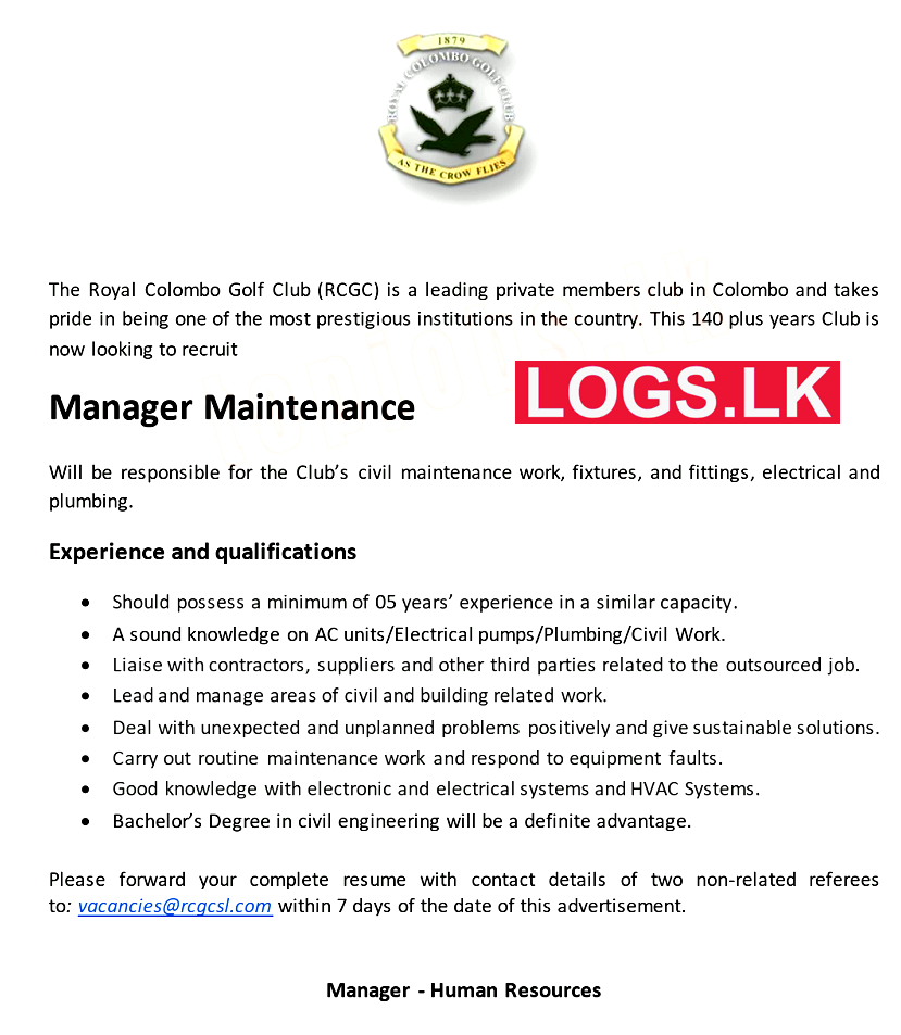 Maintenance Manager Job Vacancy at Royal Colombo Golf Club Job Vacancies