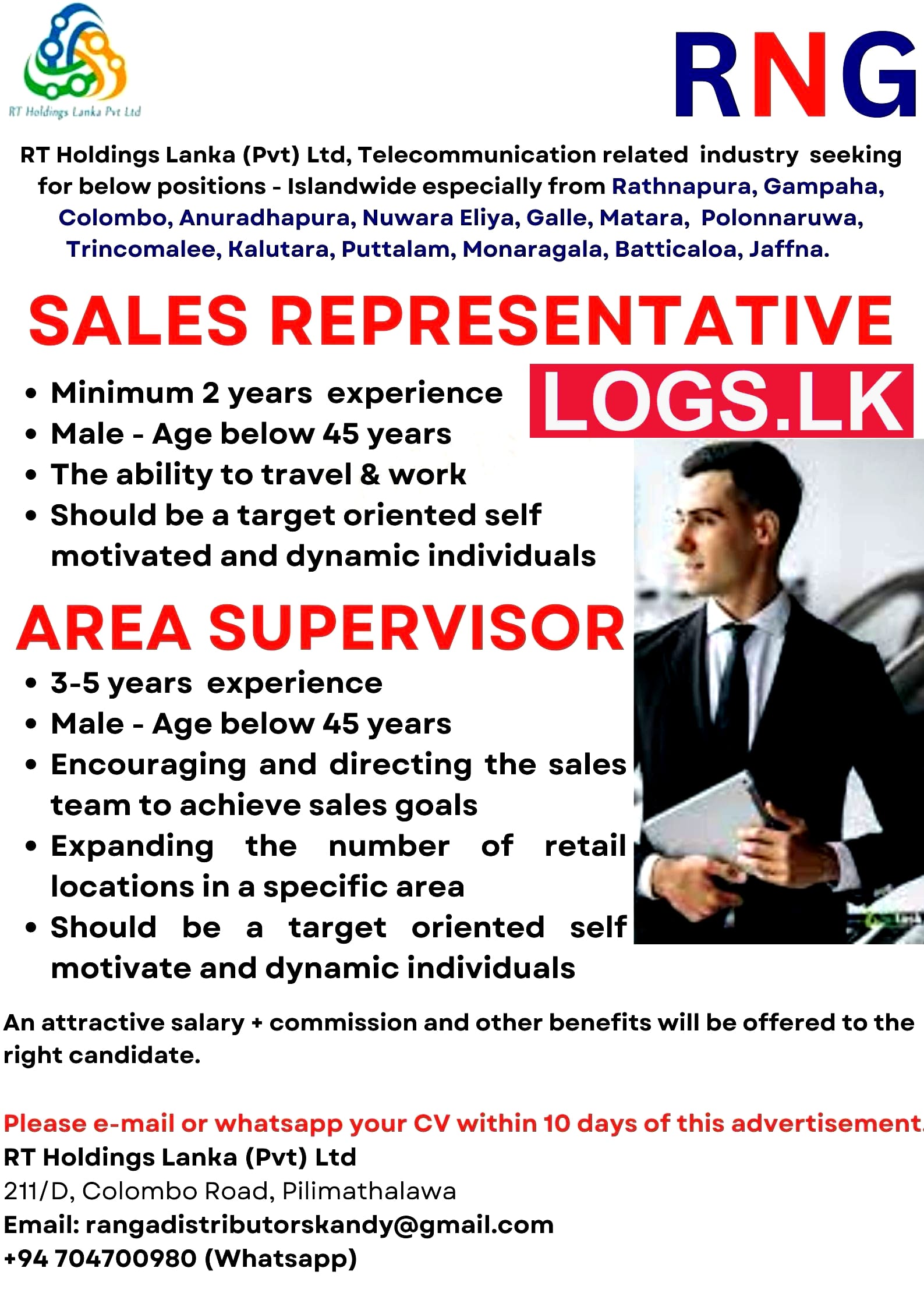 Sales Representative / Area Supervisor Vacancies at RT Holdings Lanka (Pvt) Ltd