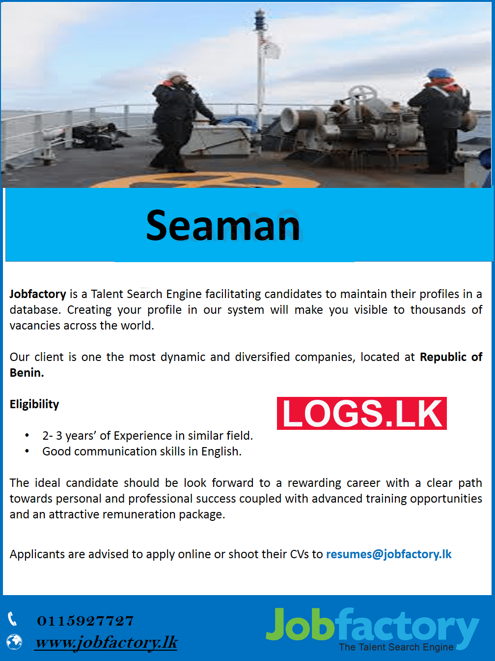Seaman Job Vacancy 2023 in JobFactory Jobs Vacancies 2023 Details, Application Form Download