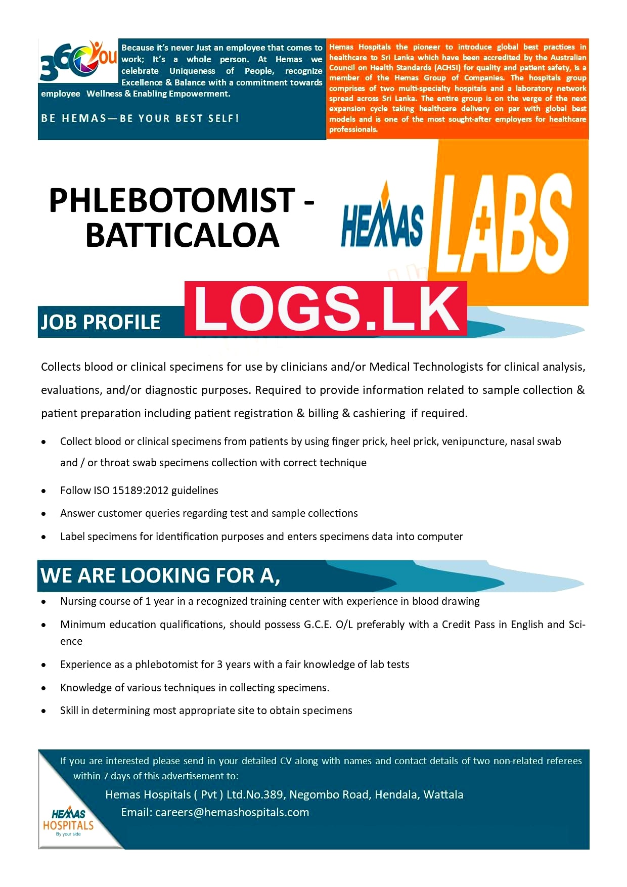 Phlebotomist Job Vacancy 2023 in Hemas Laboratory Batticaloa Job Vacancies 2023