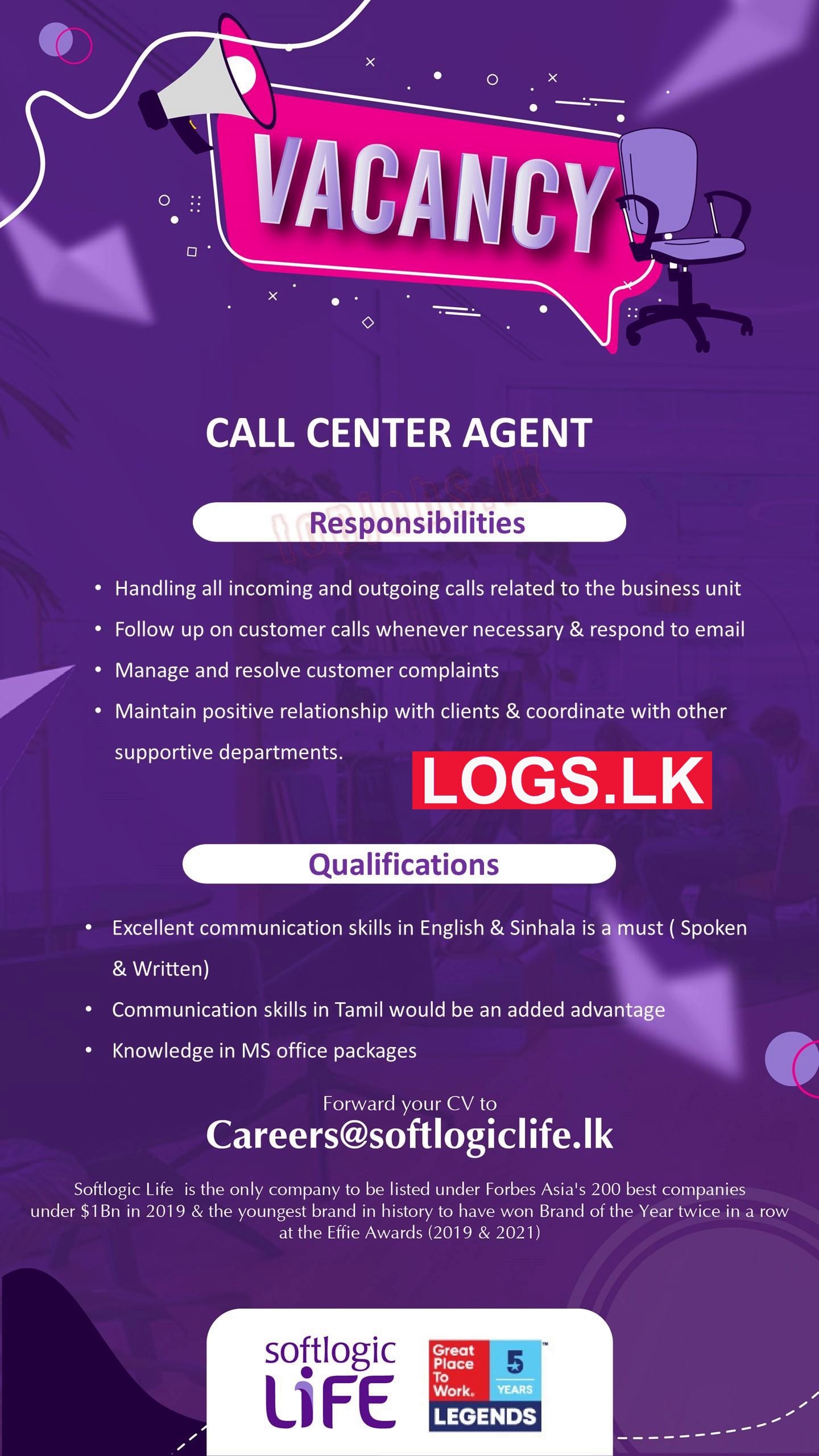 Call Center Agent Vacancies 2023 in Softlogic Life Insurance Job Vacancy 2023 in Sri Lanka