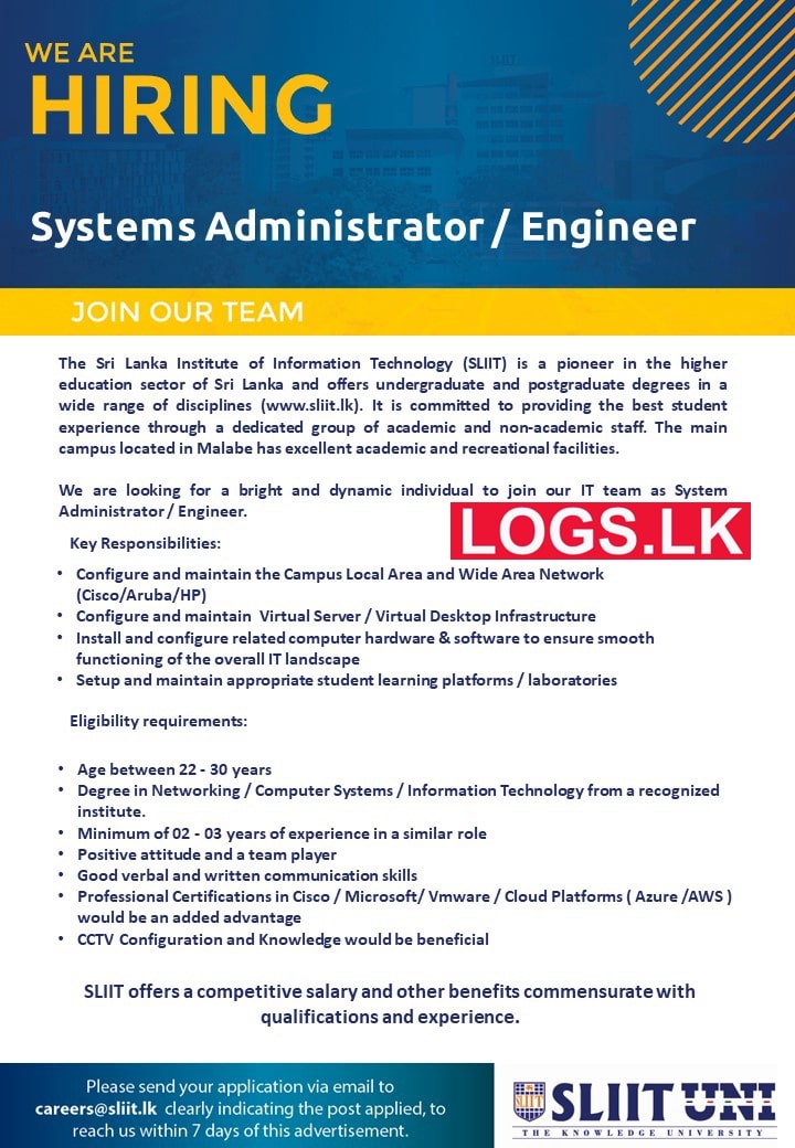 Systems Engineer IT Vacancies 2023 in SLIIT Job Vacancy 2023 in Sri Lanka