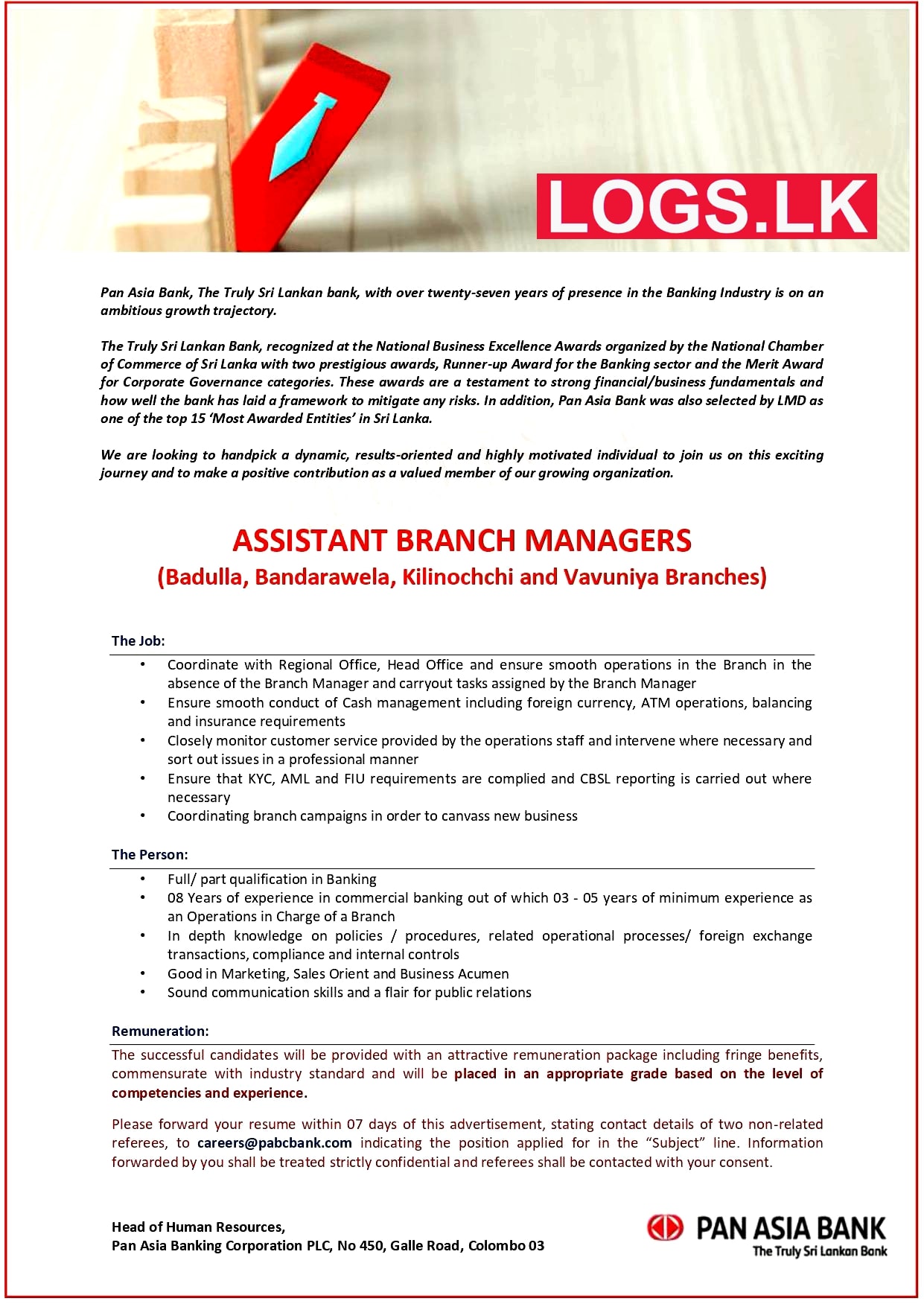 Assistant Branch Managers - Pan Asia Bank Vacancies 2023 Application Form Download