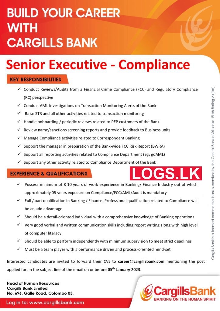 Senior Executive (Compliance) - Cargills Bank Vacancies 2023 Application Form Details Download