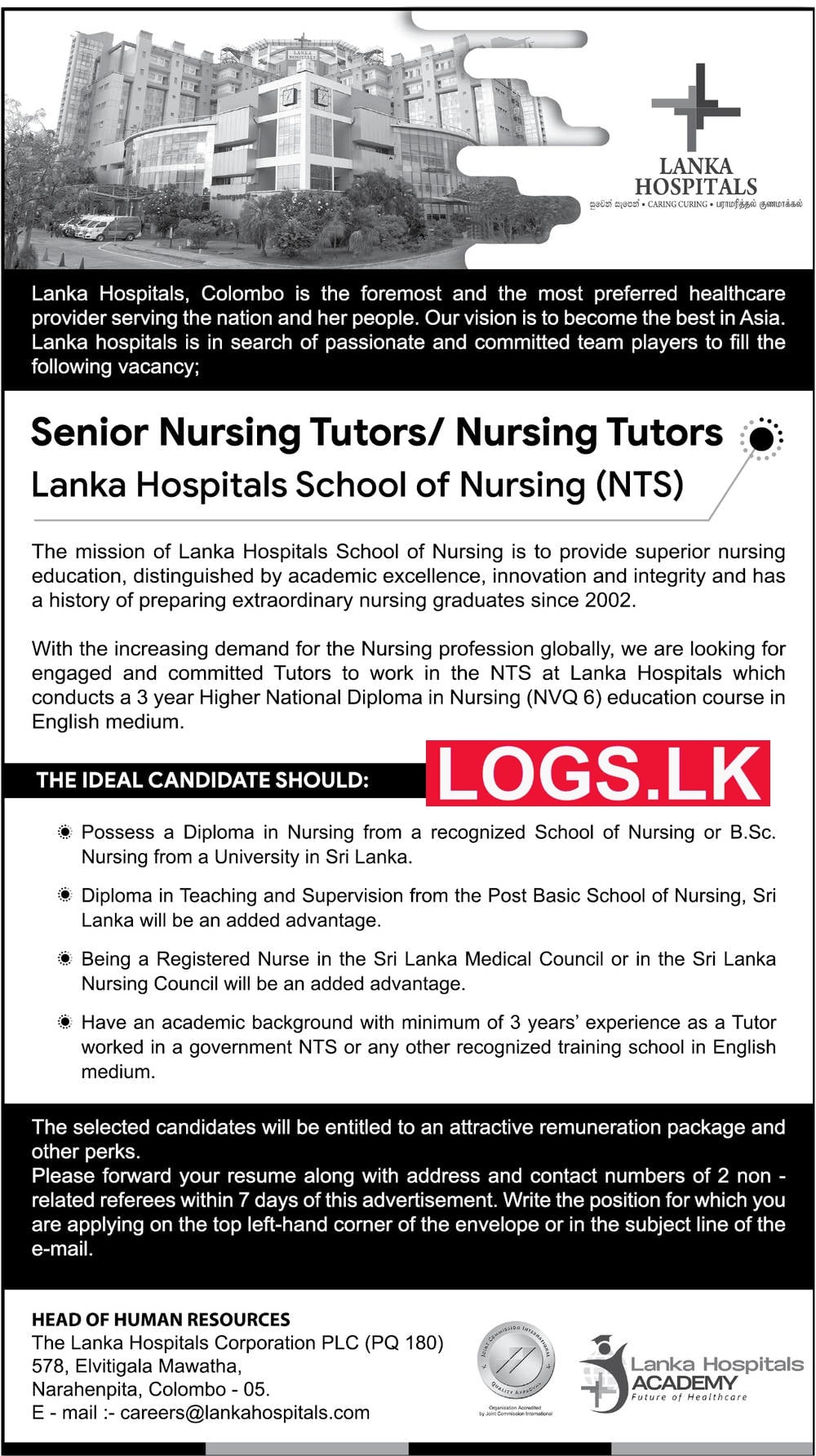 Nursing Tutors - Lanka Hospitals School of Nursing Vacancies 2023 Application Form Download