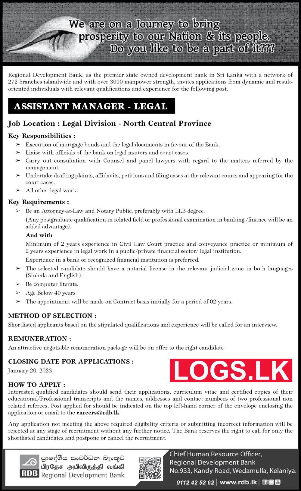 Assistant Manager - Legal Job Vacancy in RDB Bank Application Form 2023