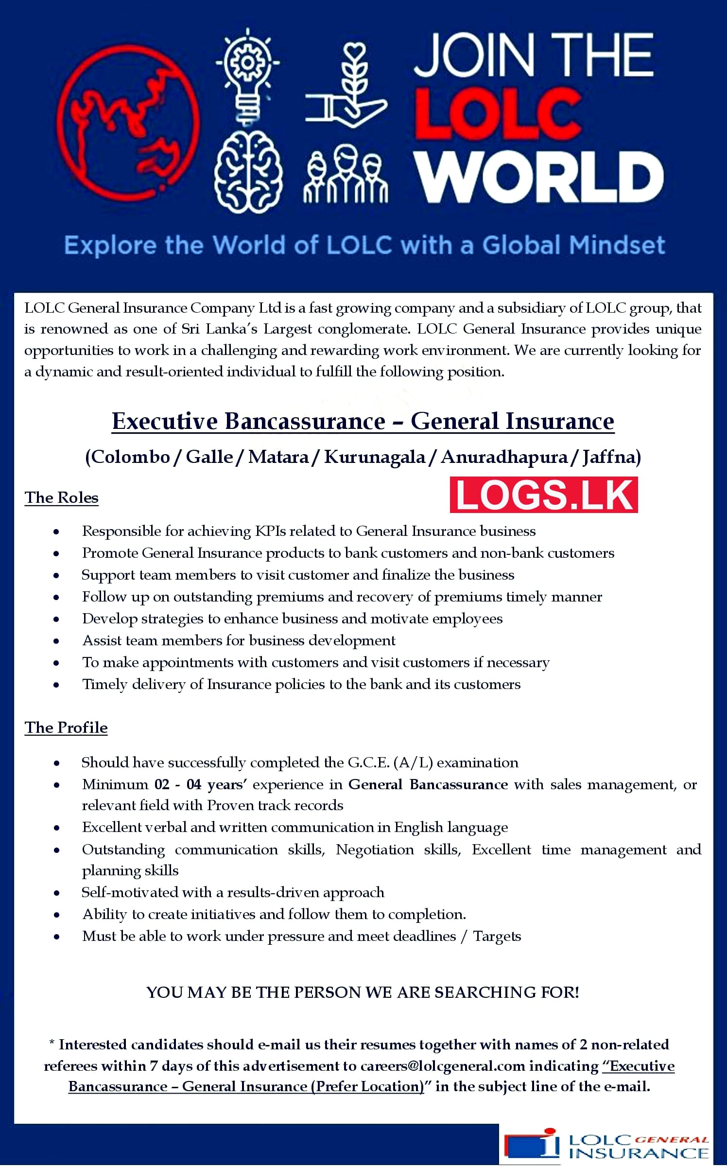 Executives (General Insurance) - LOLC Holdings Vacancies 2023 Application Form, Details Download
