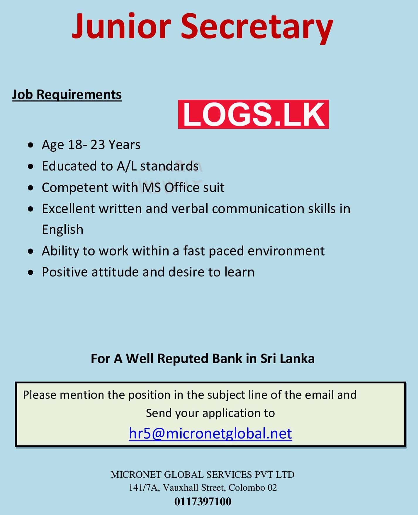 Junior Secretary Vacancies 2023 in Sri Lanka with A/L Qualification Details, Application Form Download