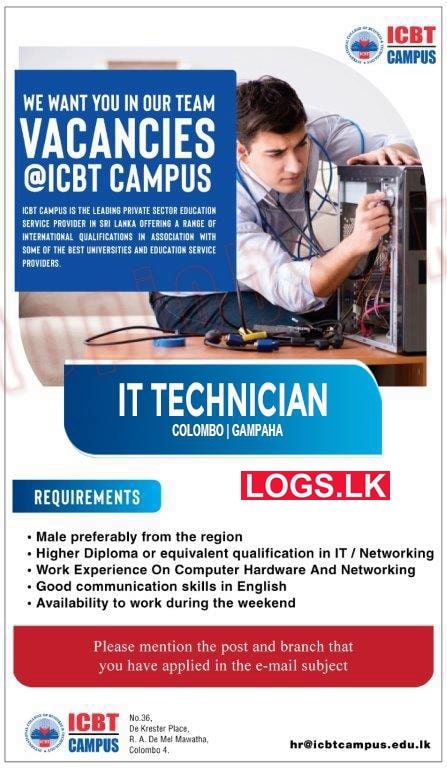 IT Technician Vacancies 2023 in ICBT Campus Job Vacancy 2023 Application Form, Details Download