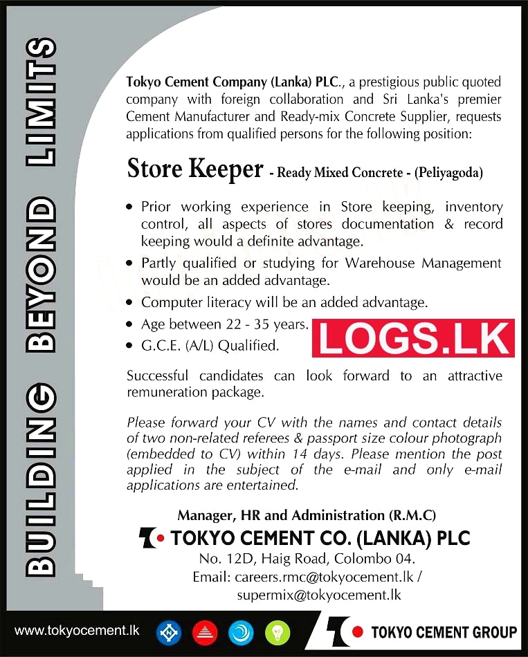 Store Keeper - Tokyo Cement Company Vacancies 2023 Application Form, Details Download