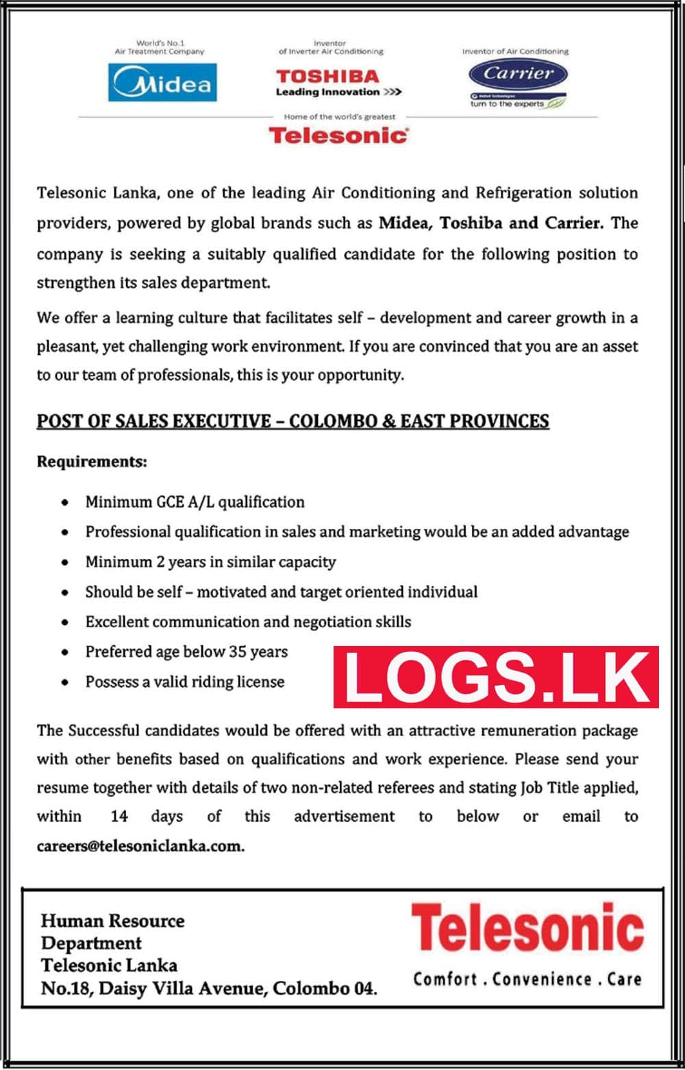 Sales Executive - Telesonic Lanka Vacancies 2023 Application Form, Details Download