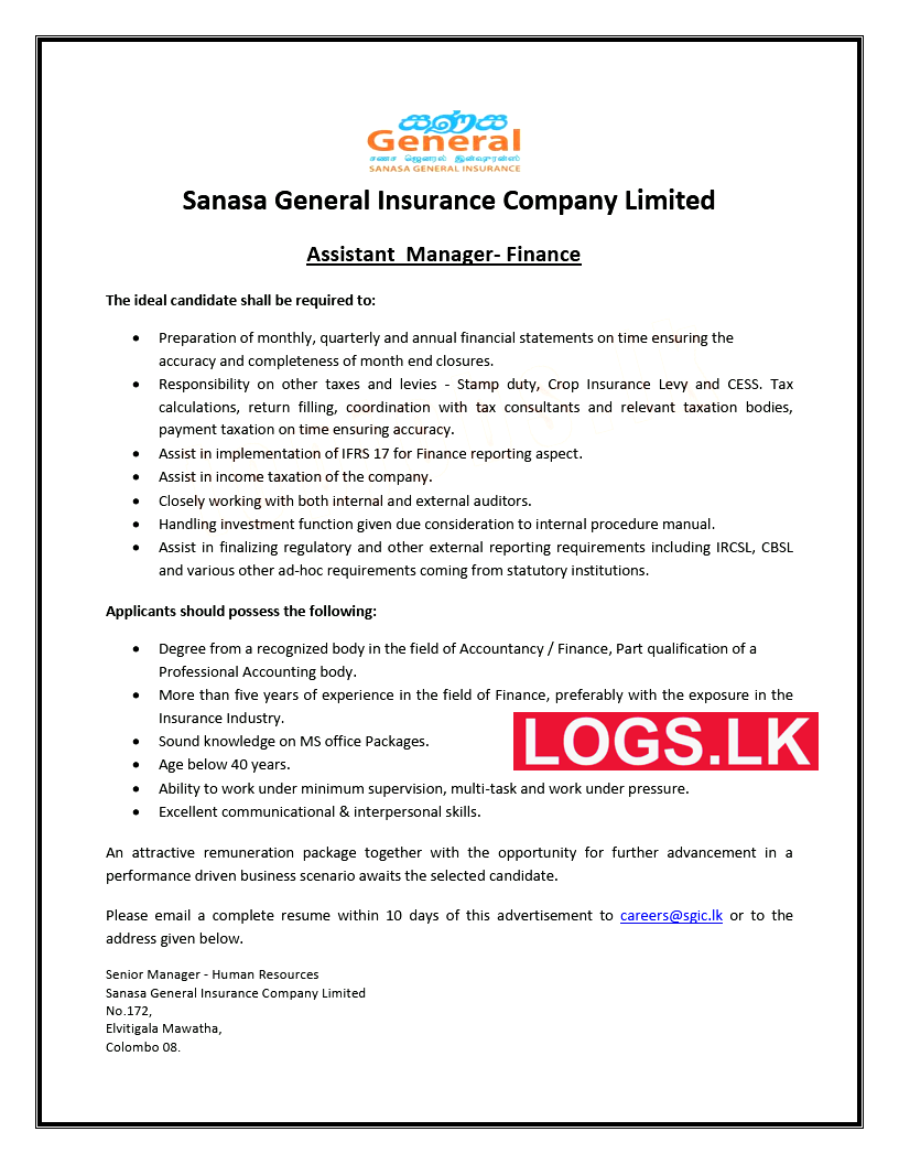 Assistant Manager - Sanasa Insurance Vacancies 2023 Application Form, Details Download