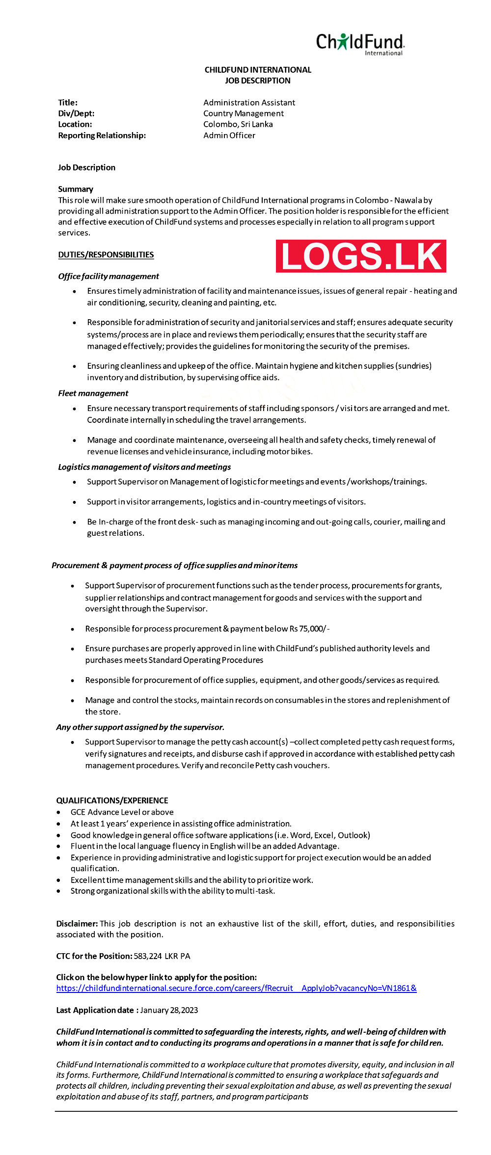 Administration Assistant - ChildFund Sri Lanka Vacancies 2023 Application Form, Details Download