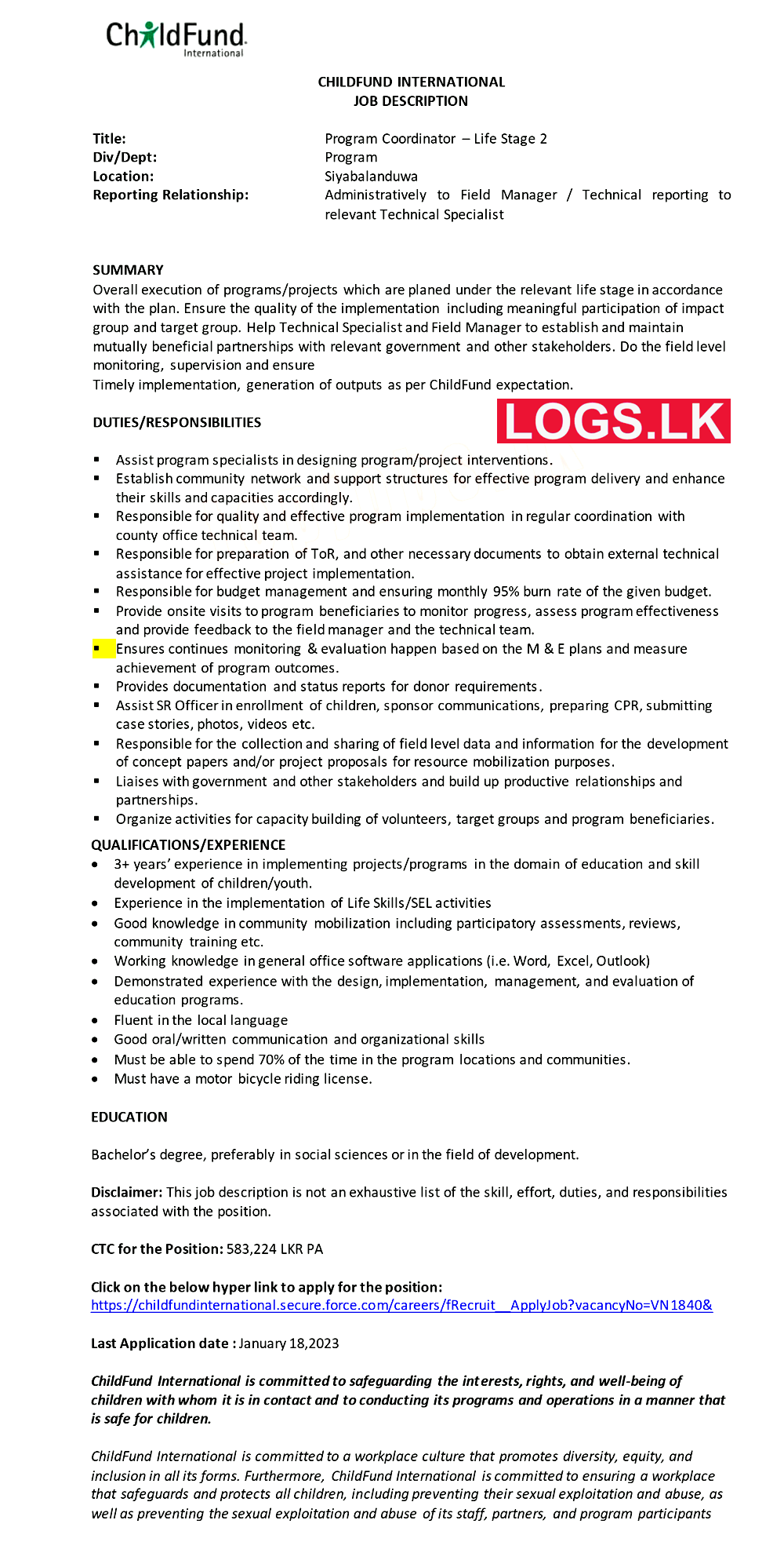 Program Coordinator - ChildFund Sri Lanka Vacancies 2023 Application Form, Details Download