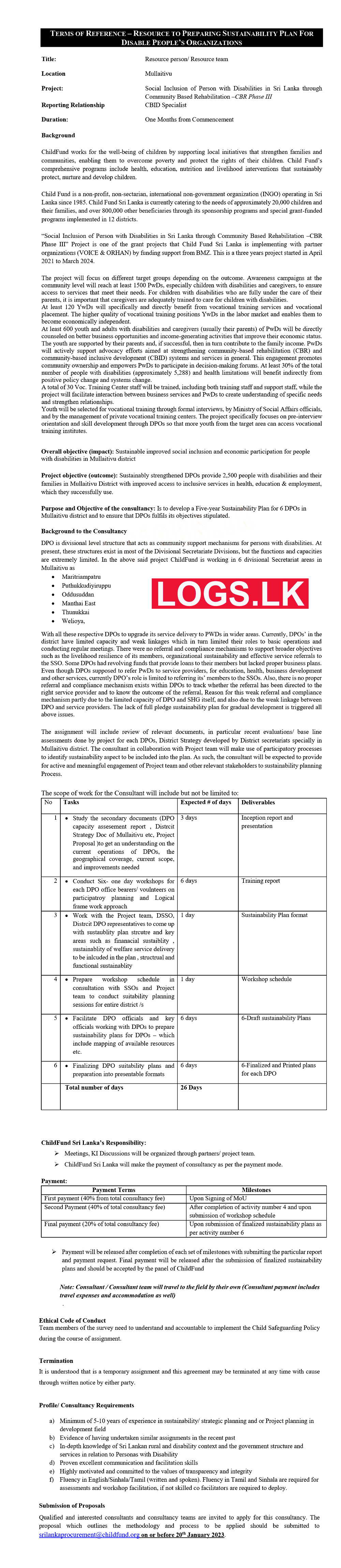 Resource Person - ChildFund Sri Lanka Vacancies 2023 Details, Application Form Download