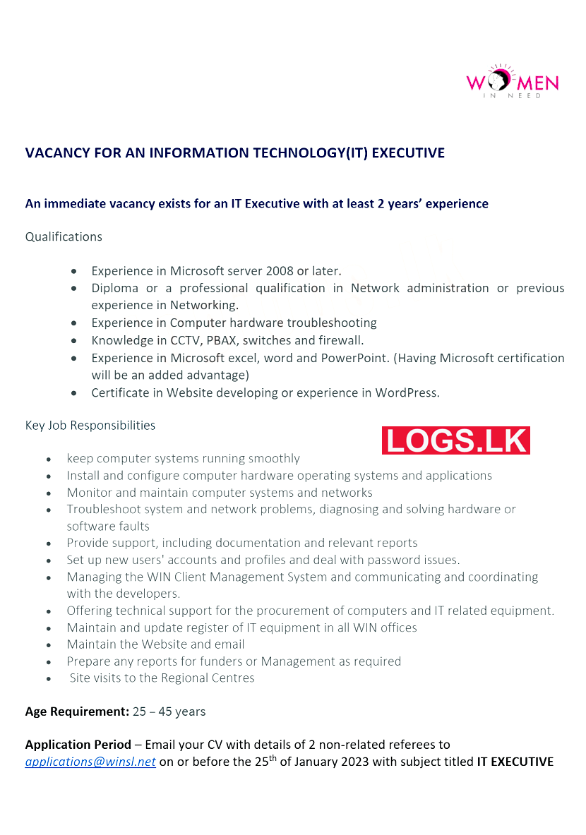 IT Executive - Women In Need Vacancies 2023 Application, Details