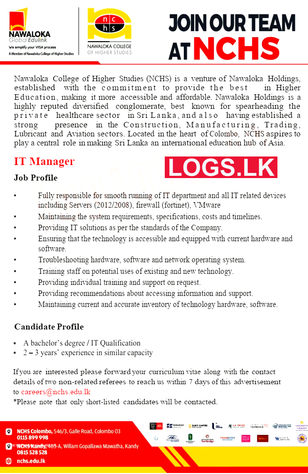 IT Manager - Nawaloka College of Higher Studies Vacancies Application Form, Details Download