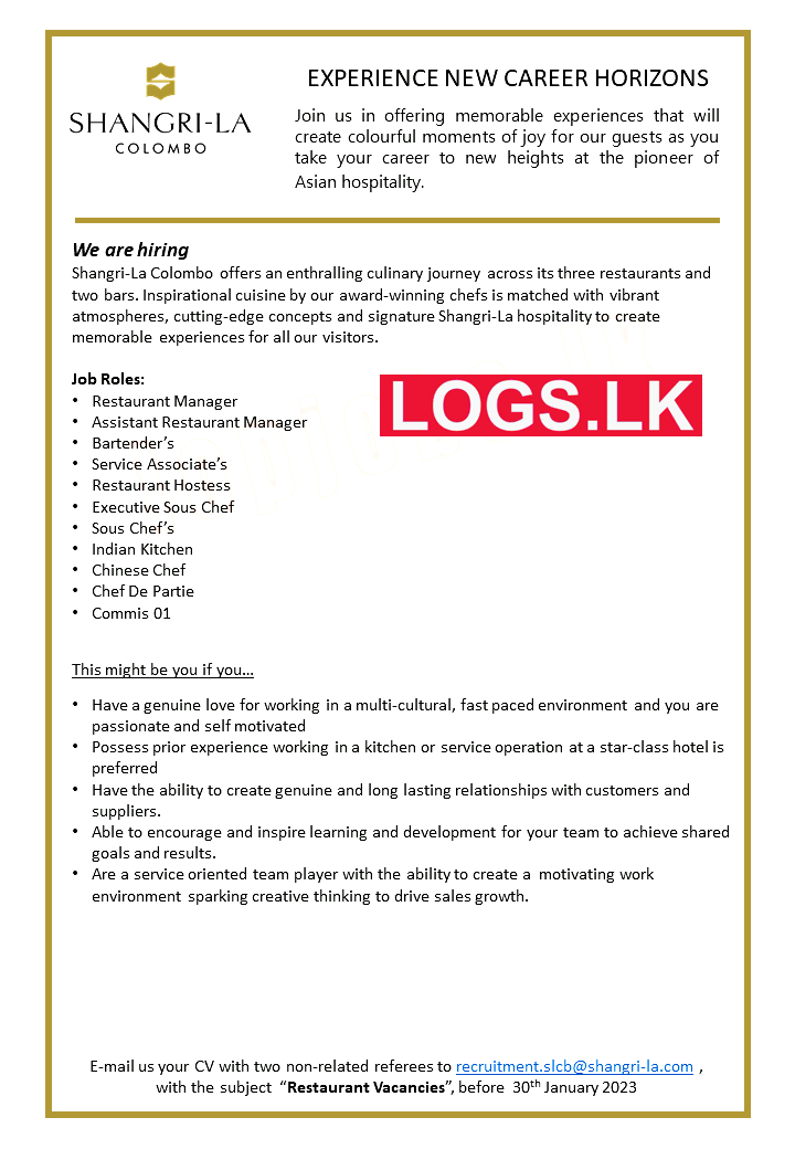 Restaurant Vacancies 2023 in Shangri-La Hotels Sri Lanka Job Vacancies 2023 Application Form, Details Download