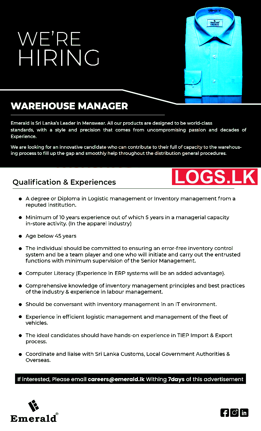 Warehouse Manager - Emerald Vacancies 2023 in Sri Lanka Application Form Download