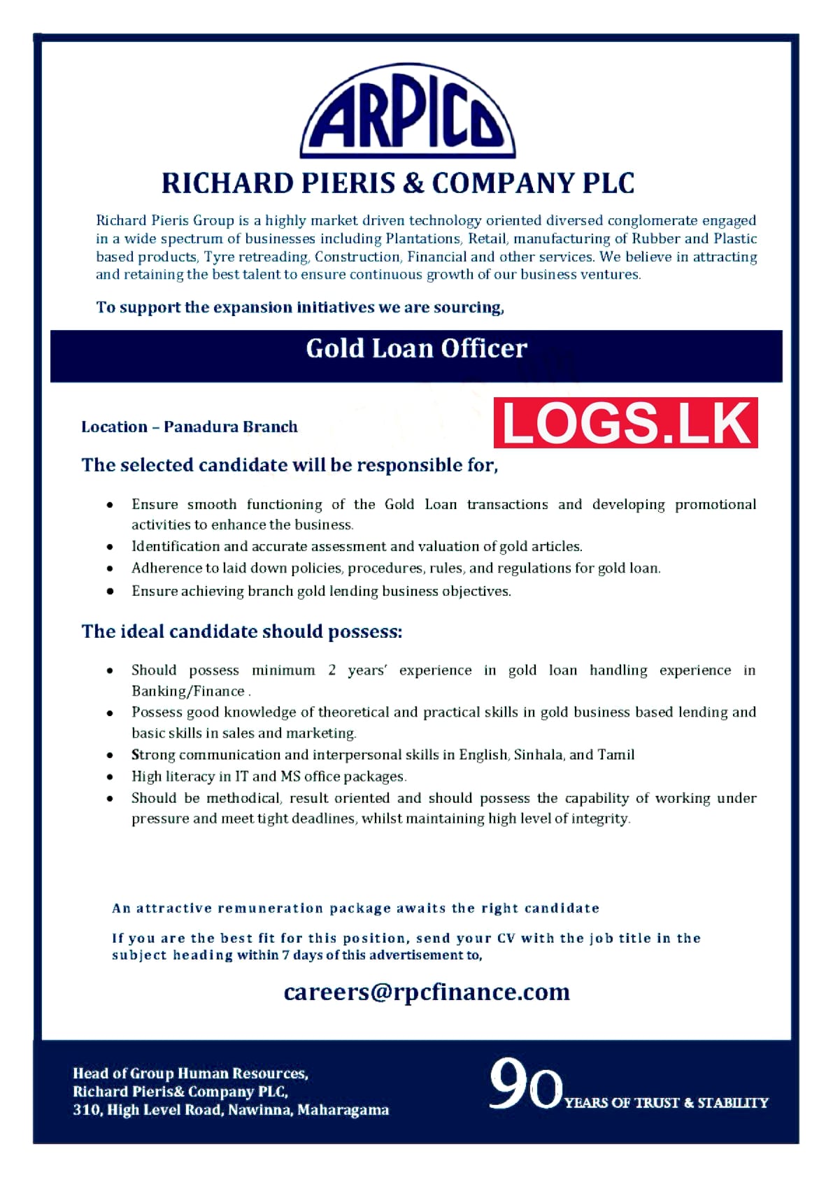 Gold Loan Officer Vacancies 2023 in ARPICO Company Application Form, Details Download