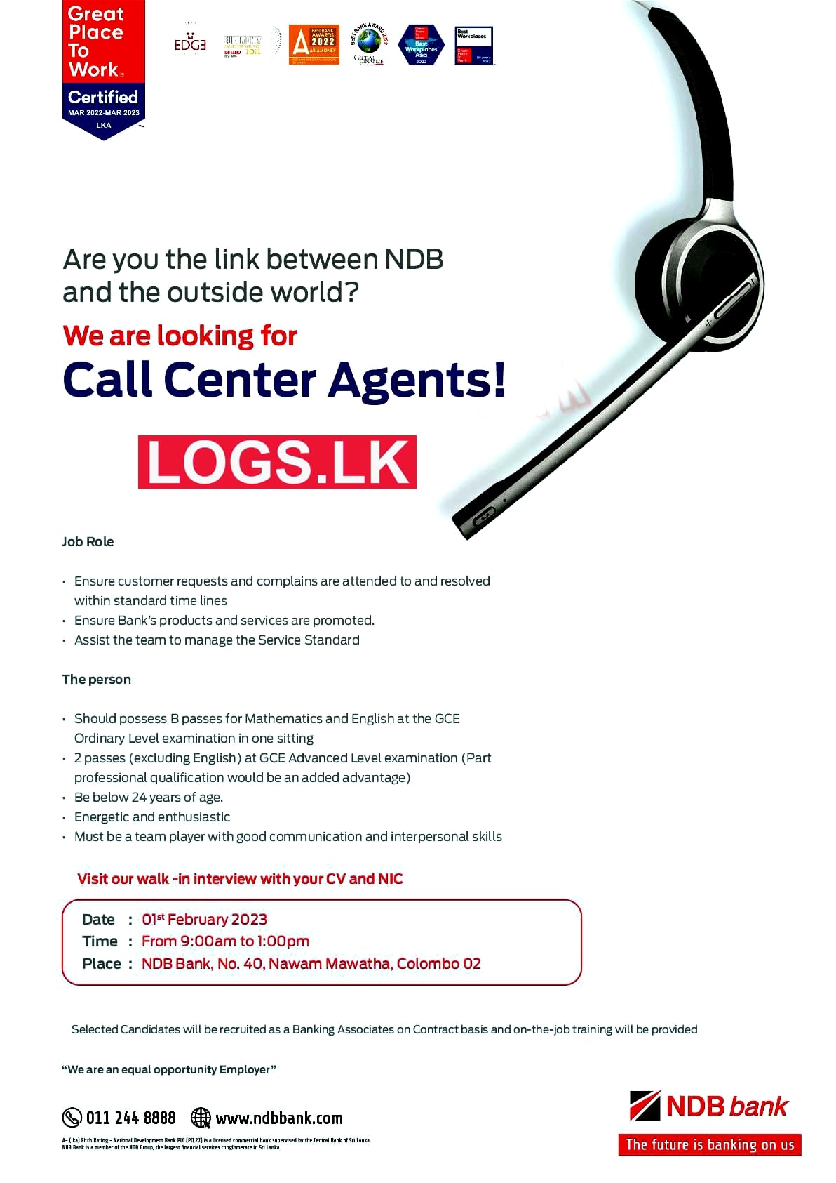 Call Centre Agents Interview 2023 for NDB Bank Vacancies 2023 Application Form, Details Download