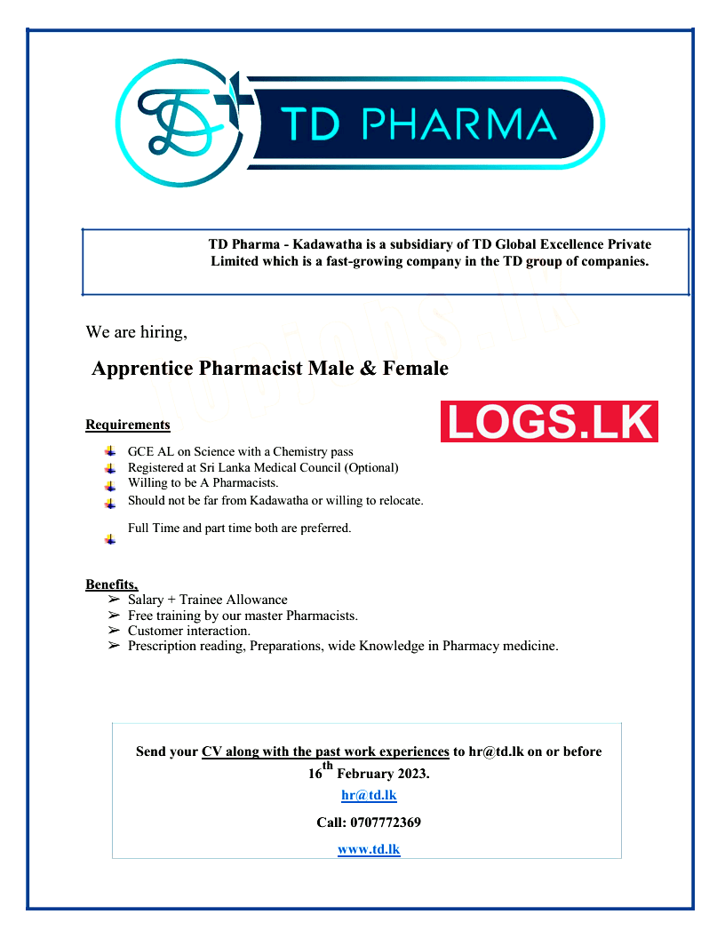 Apprentice Pharmacist Vacancies 2023 in TD Pharma Job Vacancies 2023 Details, Application