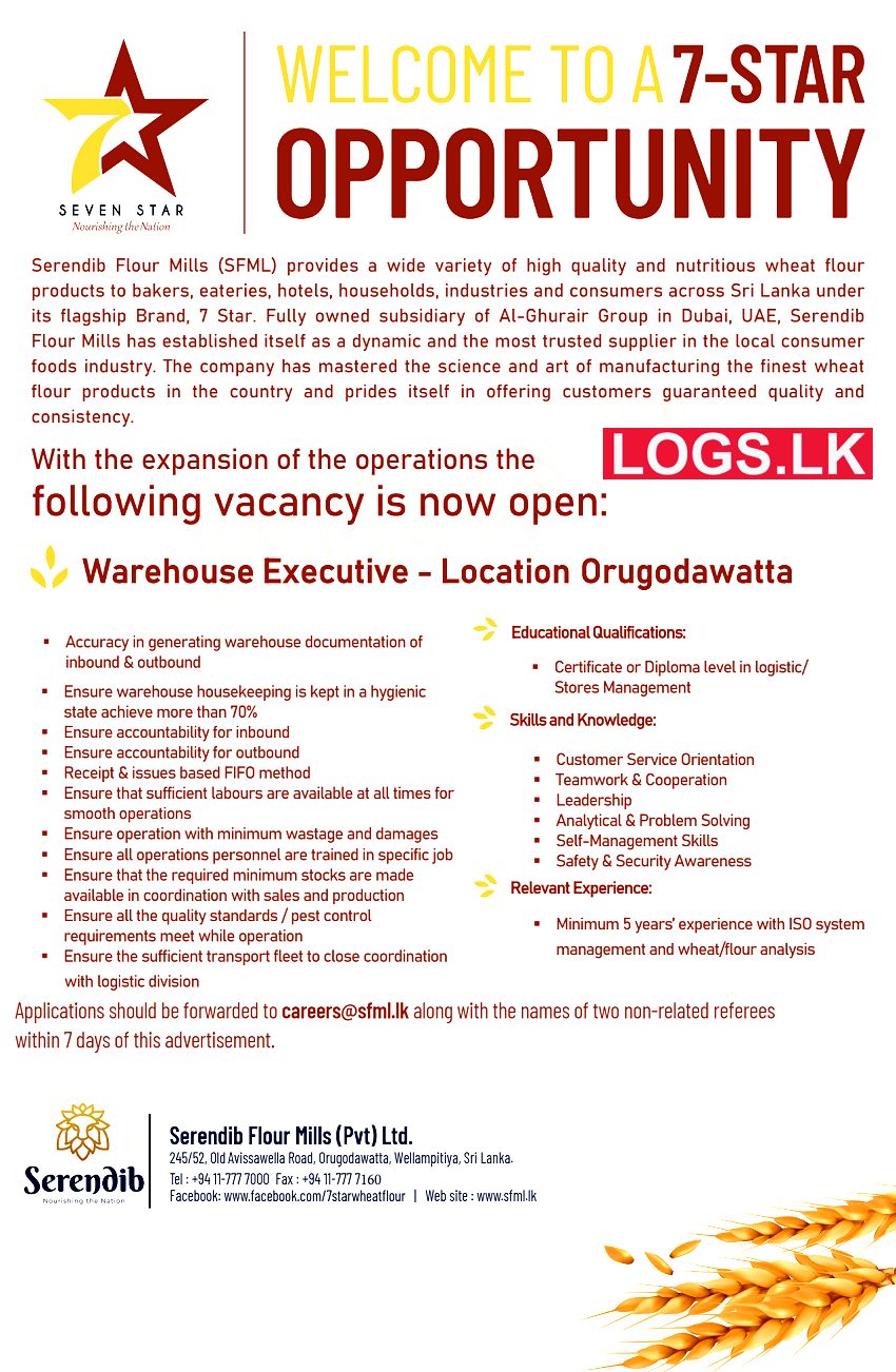 Warehouse Executive Vacancies 2023 in Serendib Flour Mills Application Form, Details Download